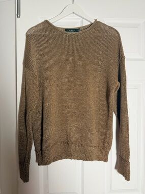 Lauren Ralph Lauren Gold Metallic Open Knit Sweater Size XL
